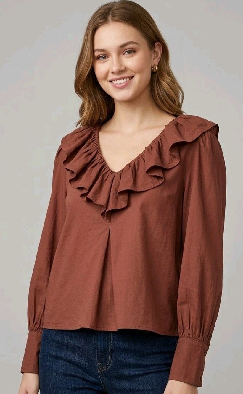 Mille Resort Long Sleeve Ruffle Brown Cotton Blend Top XXS